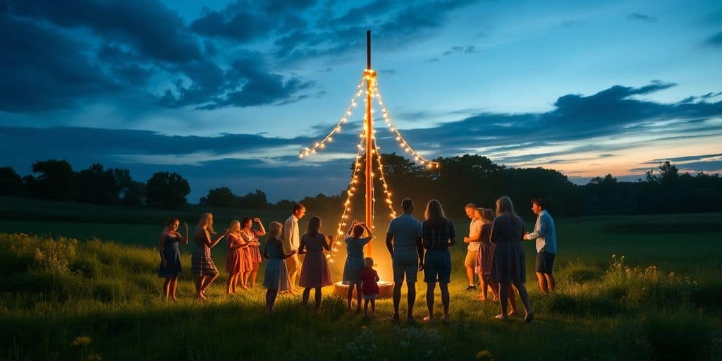 Geschmückter Mittsommerbaum auf einer Wiese