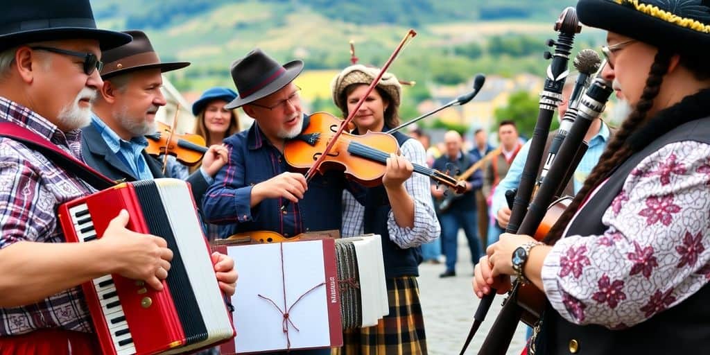 Musikerinnen und Musiker mit traditionellen Instrumenten
